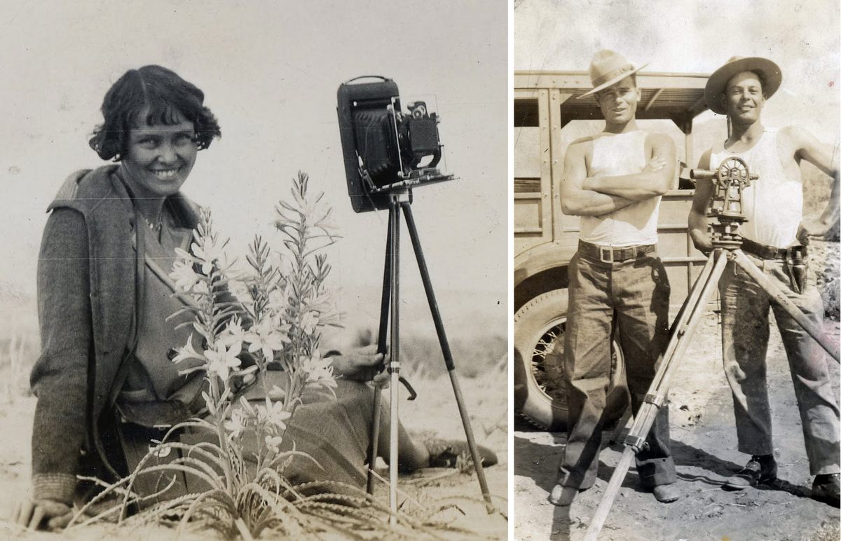 Susie Keef Smith and her camera (left), aqueduct surveyors in 1930 (right).
