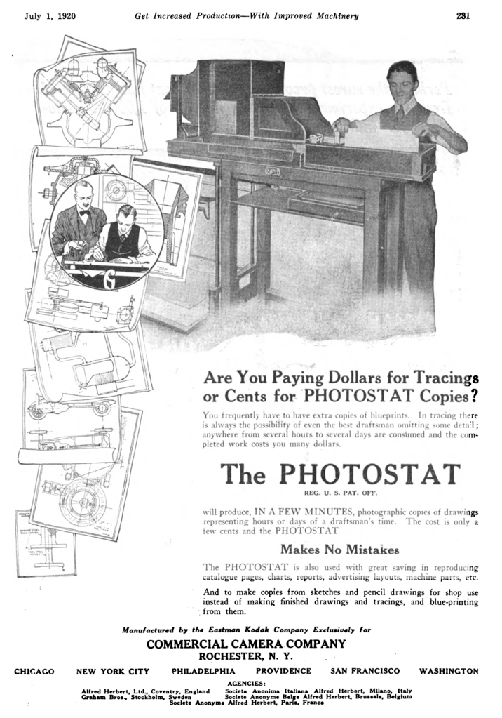A 1920 advertisement from the Commercial Camera Company for a photostat machine.
