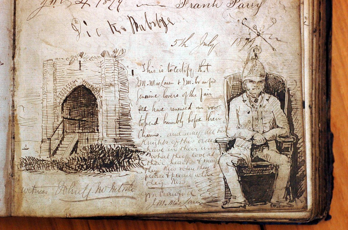 A guestbook illustration from 1879 depicting the King of Piel on his oak throne.