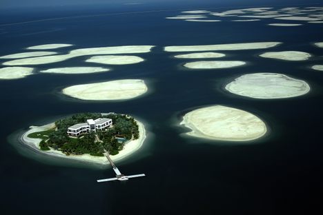 An aerial view of a few of the artificial islands that make up the development project known as The World, a short boat ride from the coast of Dubai.