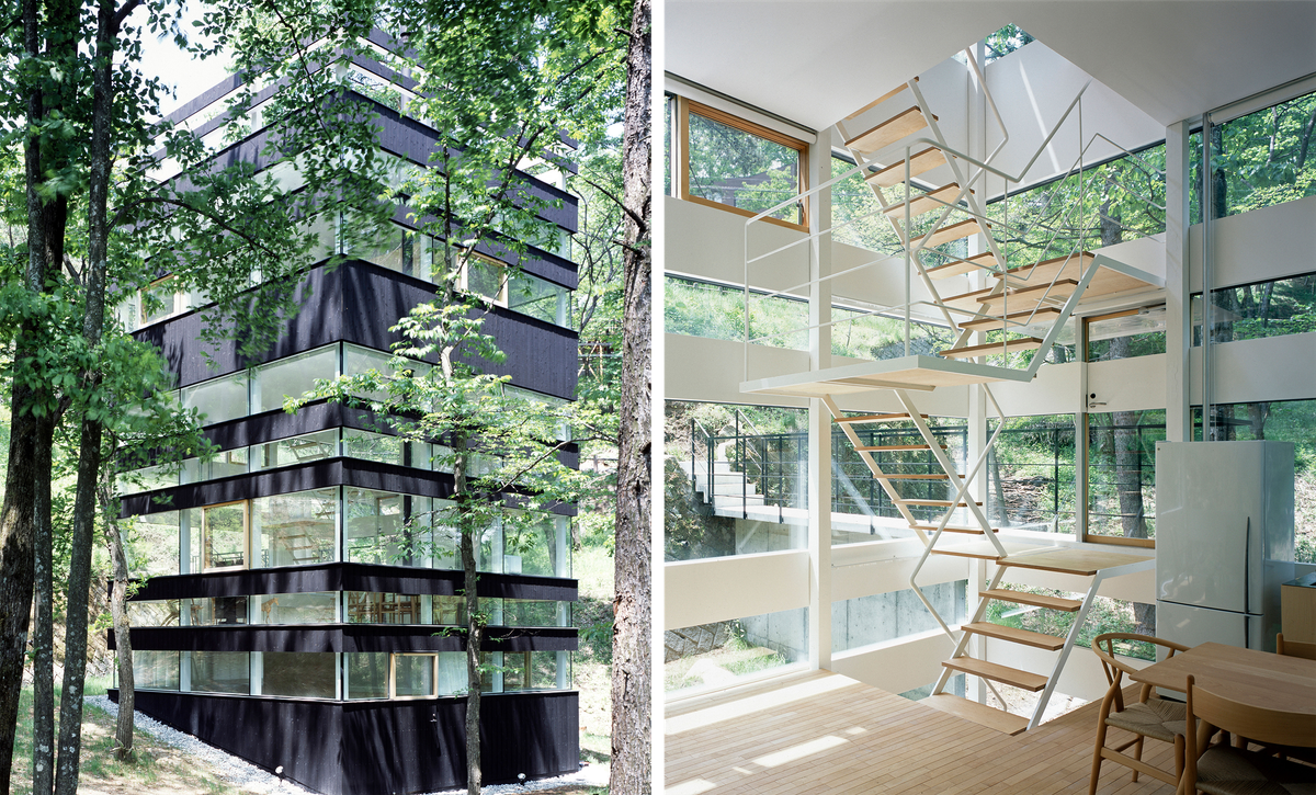The mountain town of Karuizawa holds a number of architecturally significant houses, including the Ring House, seen here outside (left) and in (right), designed by TNA / Takei Nabeshima Architects.