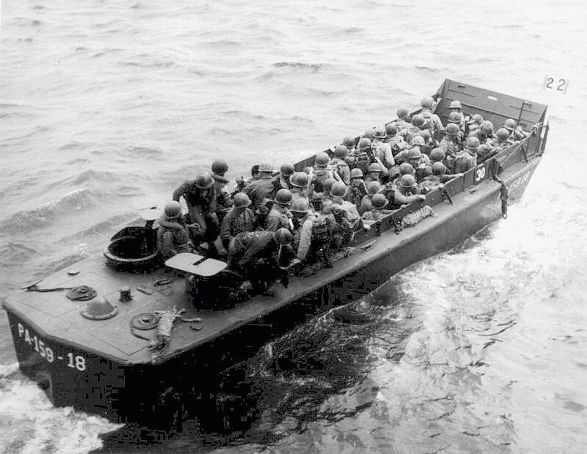 Higgins boats were ubiquitous during World War II, from the D-Day attack on the Normandy beaches to the Battle of Okinawa (shown here).  Fewer than 20 are known today.