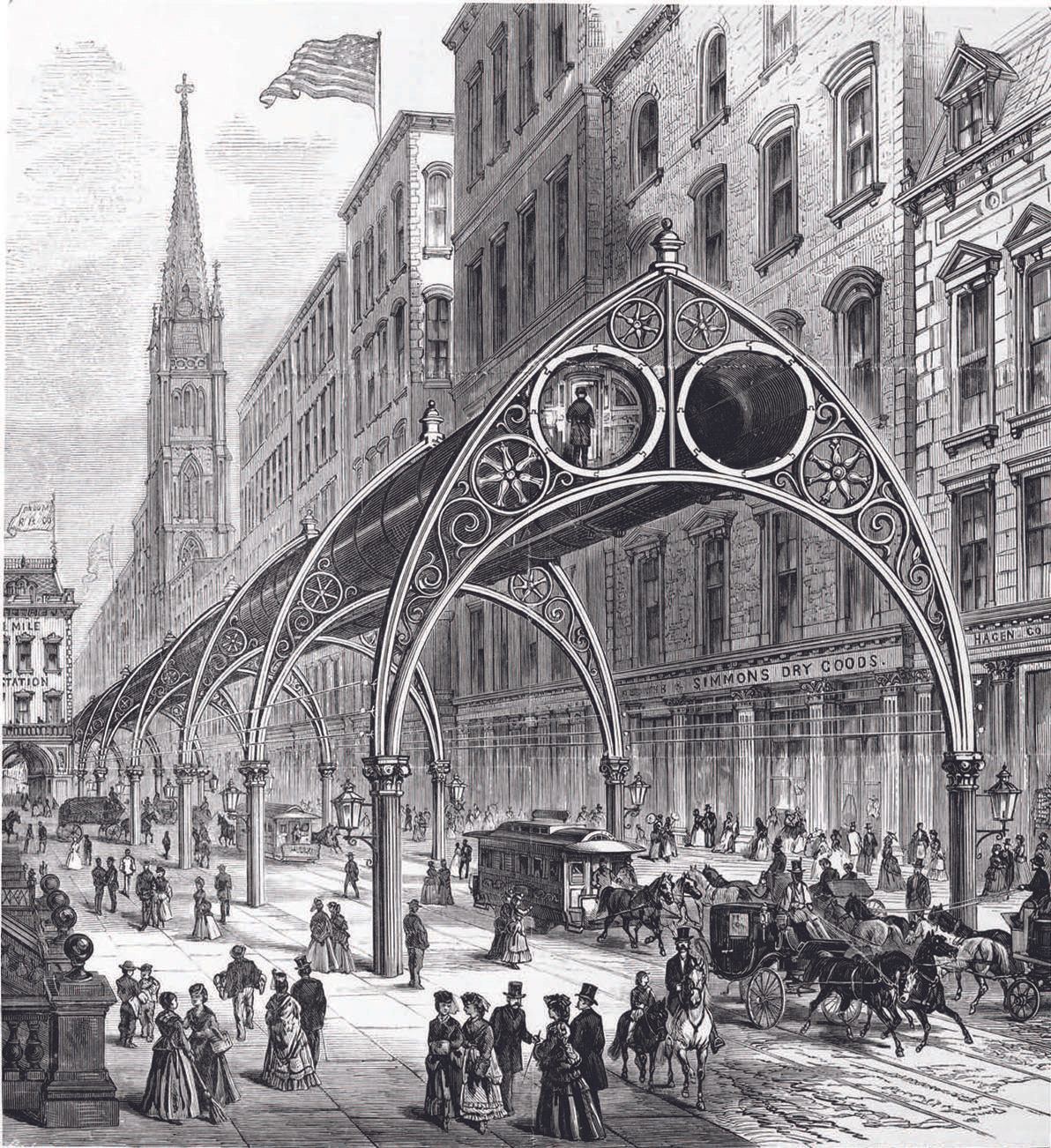 An illustration showing Rufus Henry Gilbert's 1870 plan for an Elevated Railway, with air-powered tubes 24 feet above the ground.  