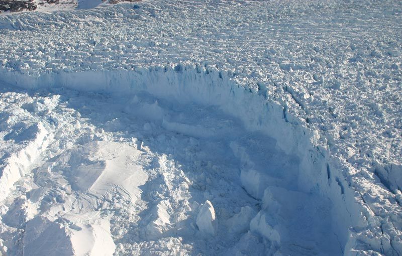 The calving front of the Helheim glacier.