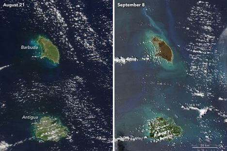 Barbuda, the upper island, was turned a dark brown by Hurricane Irma. Antigua, below, was spared by the center of the storm.