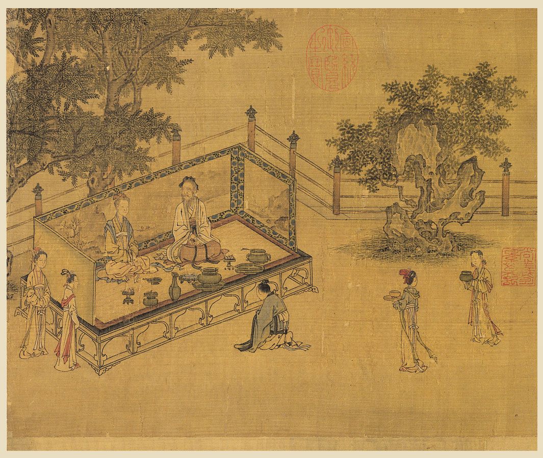 A  Song Dynasty illustration of the concept of <em>xiao</em>, or filial piety, depicts a son kneeling before his parents. 