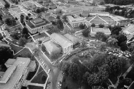 An aerial view of Oxford during riots sparked by the enrollment of an African-American student, James H. Meredith, at the University of Mississippi in 1962. 