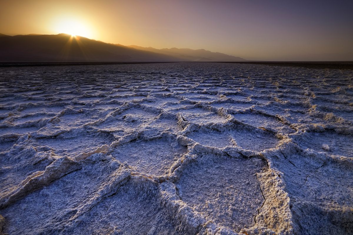 Badwater Basin is the lowest place in all of North America, and used to be an ancient lake. Today, all that remains are nearly 200 square miles of eerie salt flat.