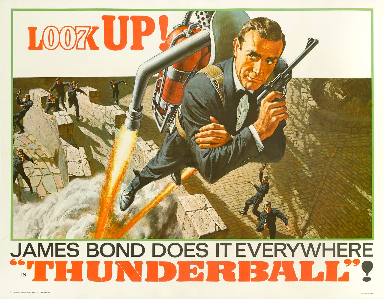 In Terence Young's 1965 <em>Thunderball</em>, James Bond (played by Sean Connery) makes a quick getaway using a futuristic jetpack.