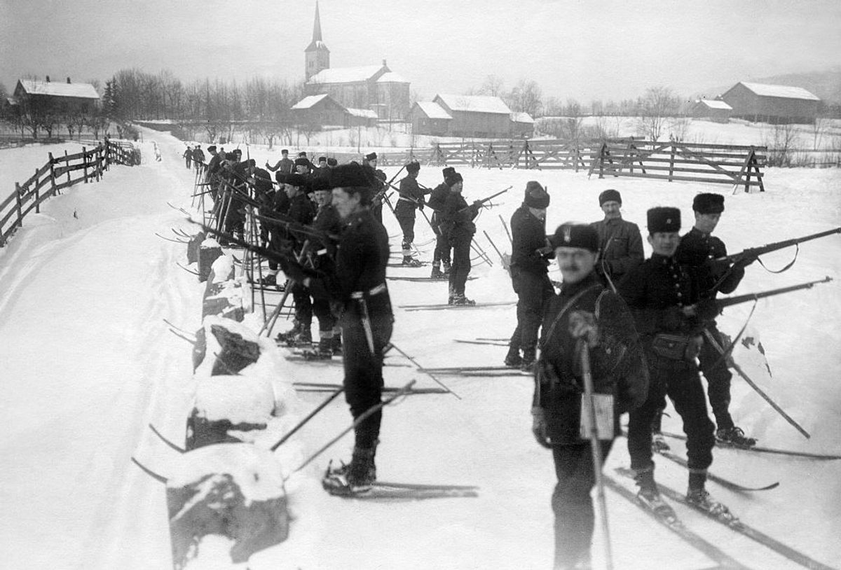 Some Winter Olympics events, especially those involving cross-country skiing, began as Scandinavian military training exercises. Here, Norwegian soldiers in 1909 are taking part in something akin to today's biathlon.