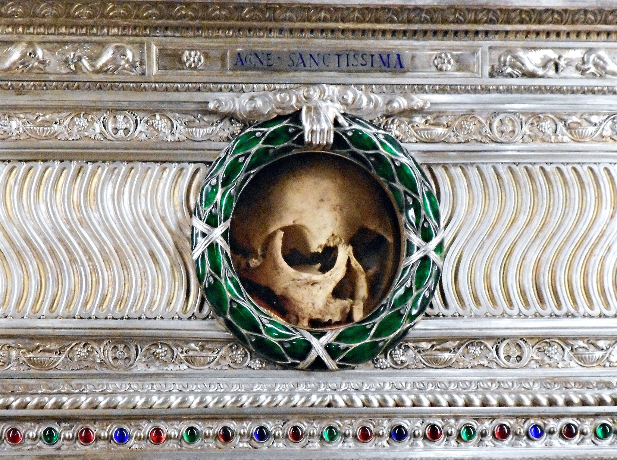 A silver reliquary containing the skull of St. Agnes in Rome.