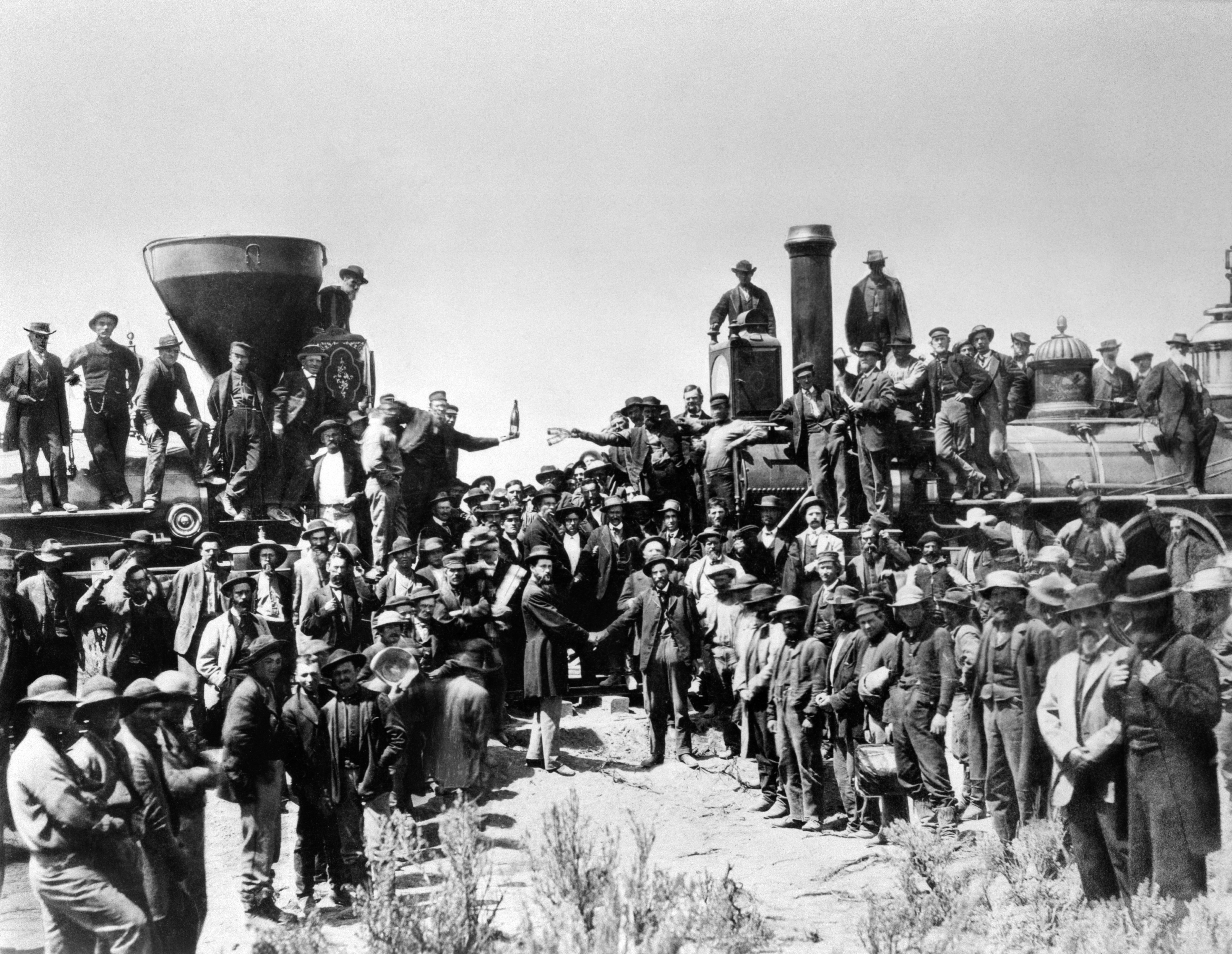 The ceremonial driving of the "golden spike" to complete the railroad in May 1869.