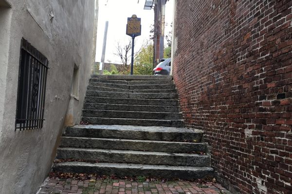 This is the last remaining stairway along Philadelphia's old sea wall.  William Penn ordered them built to provide public access to the port of Philadelphia.