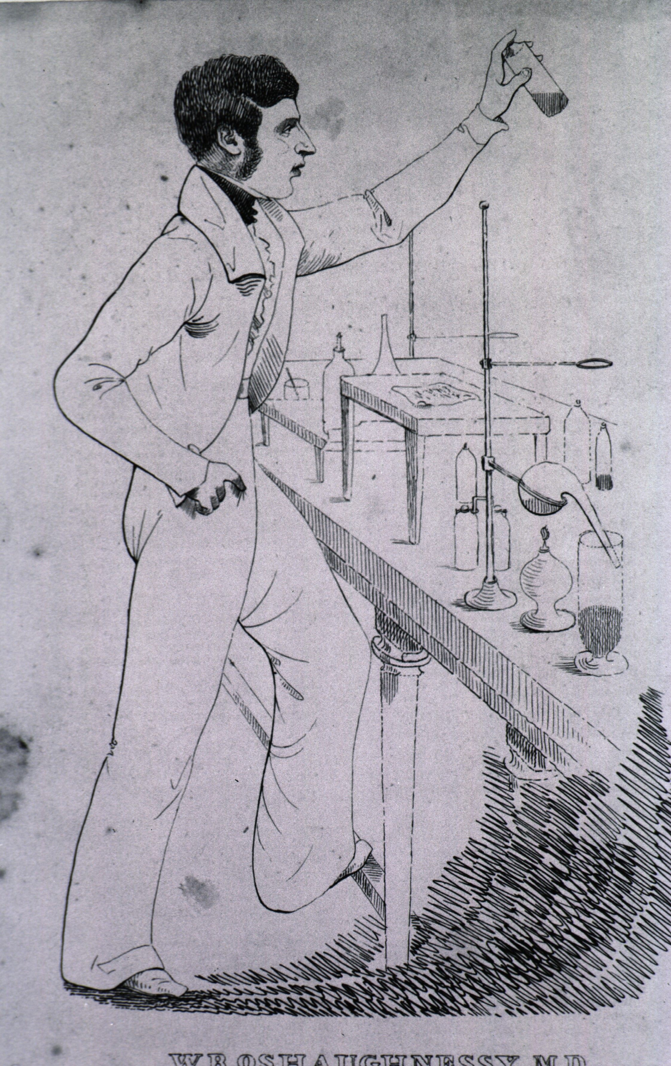 Portrait of William O'Shaughnessy demonstrating instruments.