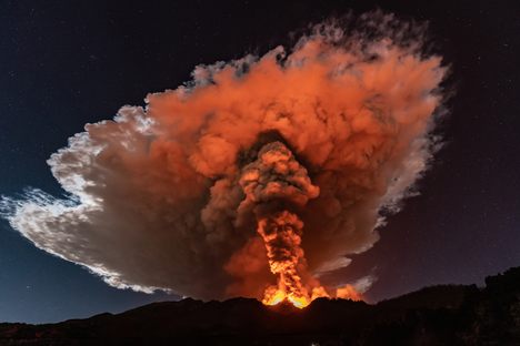 The eruption, seen here on February 23 from Catania, sent lava fountains more than half a mile in the air. 