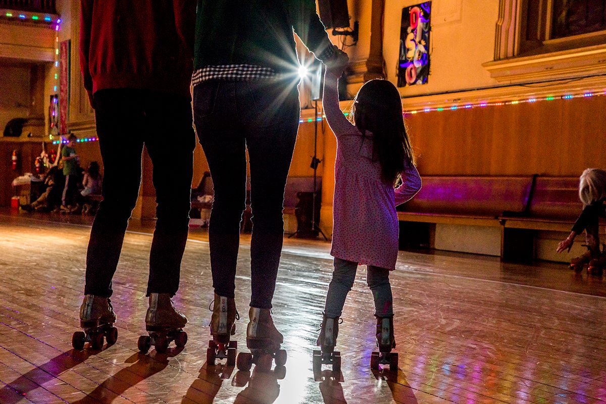 On Friday nights from five to seven p.m., the church hosts an all-ages skate session. This time slot offers a less crowded experience.