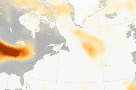 Smoke traveling across both the United States and the Atlantic Ocean to France.