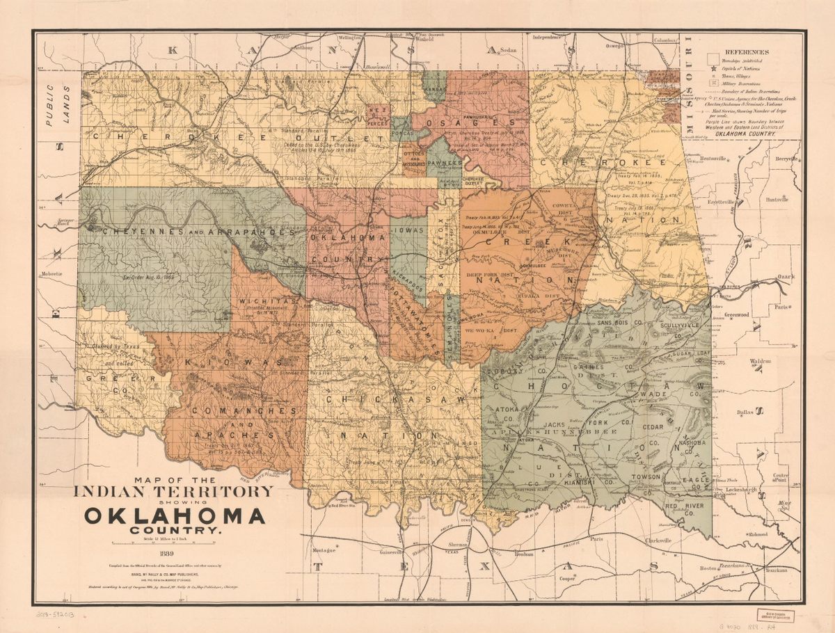 Much of Oklahoma had been designated "Indian Territory," as shown in this 1889 map. It became a state in 1907.