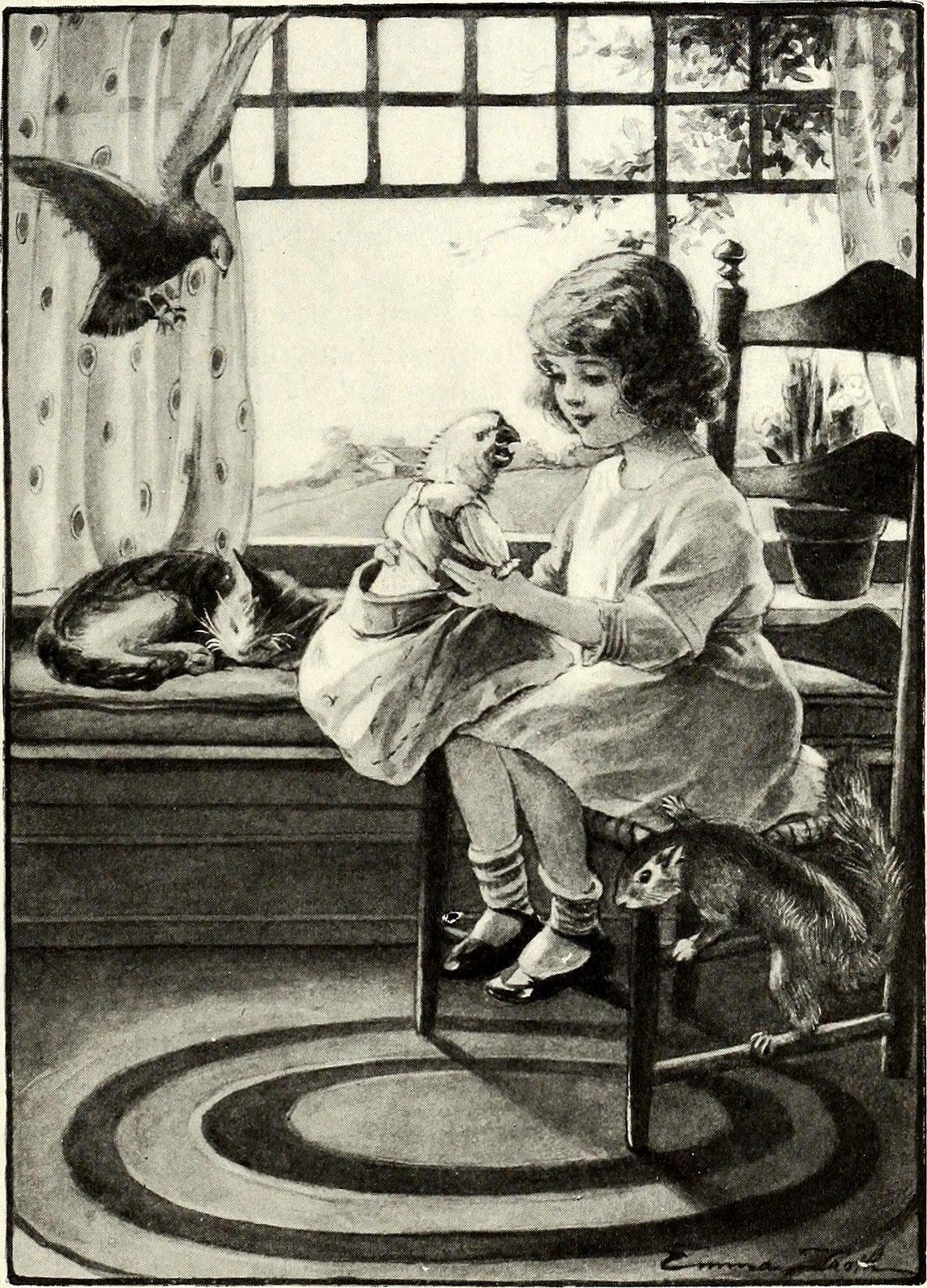 A girl with a pet squirrel - and parrot, cat and pigeon.