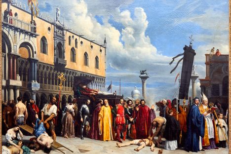 This 1833 painting by Alexandre Hesse in the Louvre in Paris depicts the funeral rites of the painter Titian after his death from plague. 