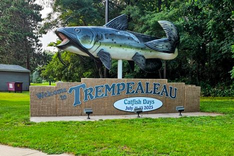 This giant fiberglass catfish welcomes visitors to Trempealeau, Wisconsin.