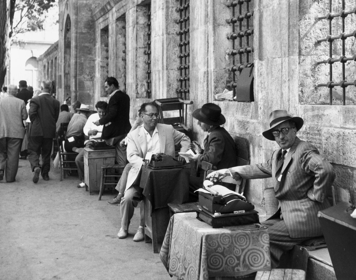 A street in Istanbul where people can go to have documents typed up while they wait, 1959.