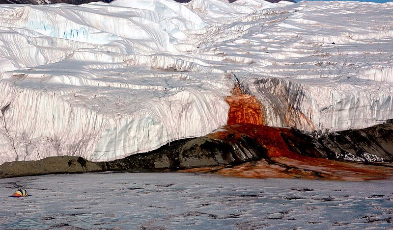 Blood Falls pouring into Lake Bonney. A tent can be seen in the lower left for size comparison.