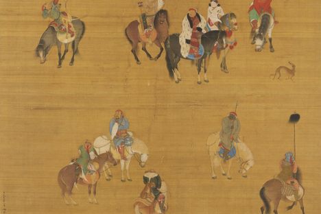 Silk scroll painting of Kublai Khan on a hunting expedition.