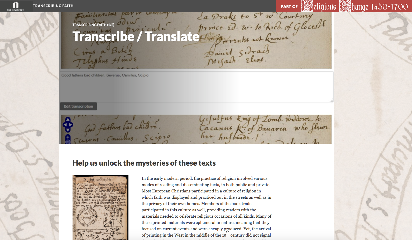The <em>Transcribing Faith</em> portal, from the Newberry Library.