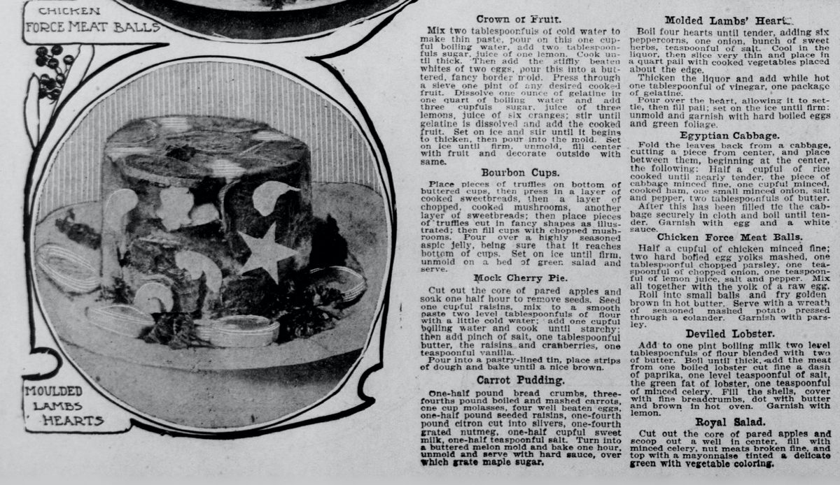 Newspaper clipping from The San Francisco from 1900 with a recipe for molded lamb hearts.