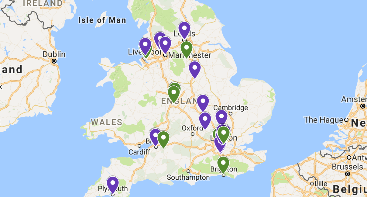 A screenshot of the map shows the color-coded sites spread across England.
