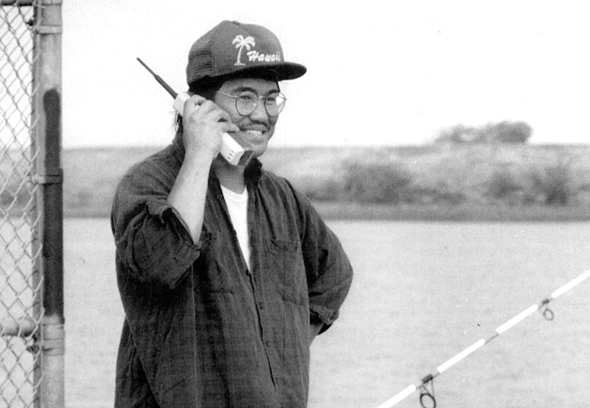 October 24, 1992: Ray Basa of Sunnyvale makes a call while fishing near Antioch.