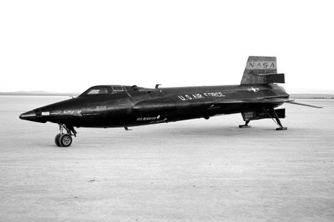 A parked X-15, probably on Rogers Dry Lake at Edwards Air Force Base.