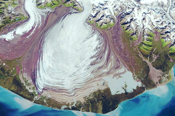A satellite image acquired in September 2021 shows the central lobe of the Malaspina Glacier surging toward the sea. 