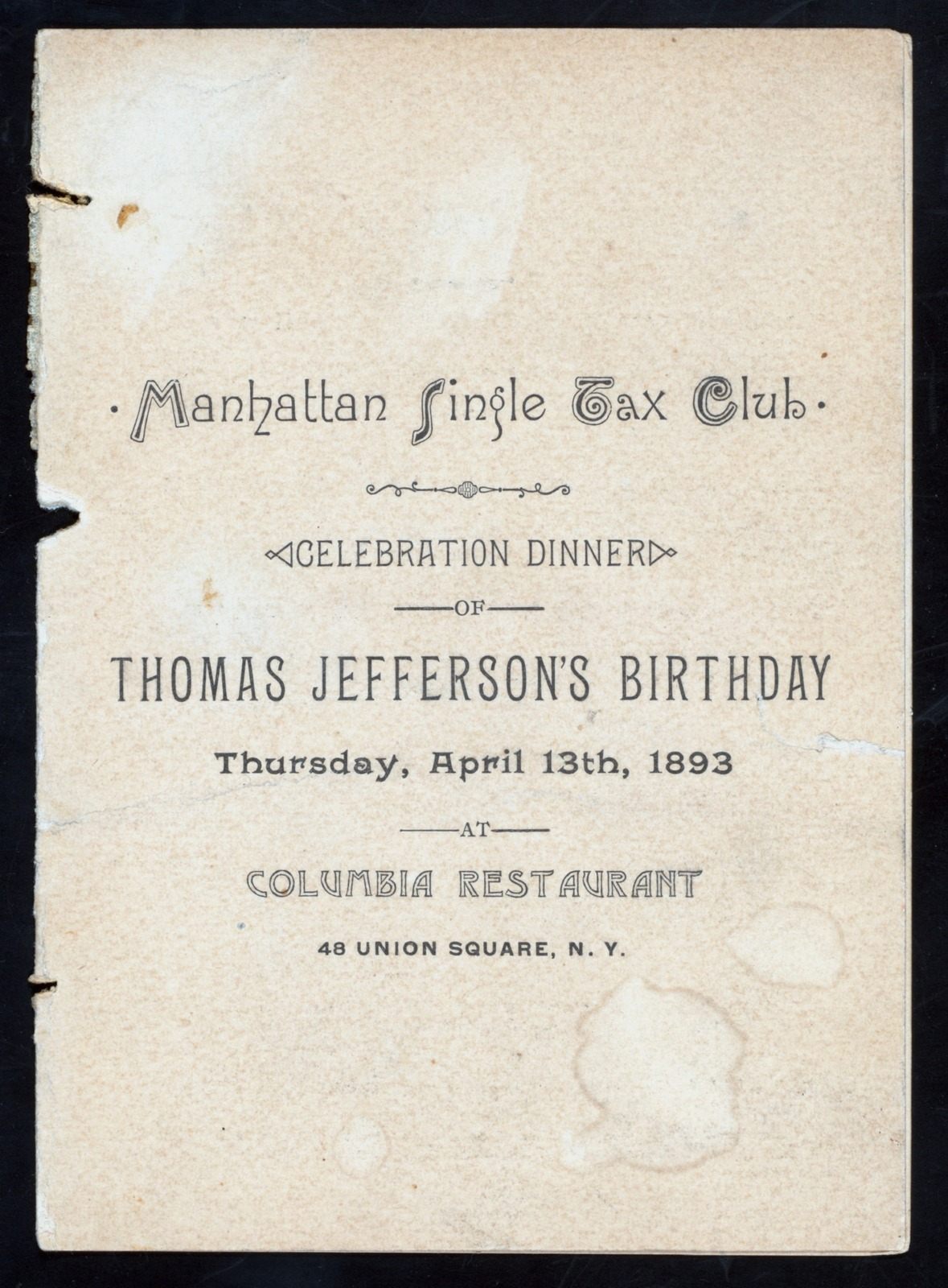 Menu from a dinner in honor of Thomas Jefferson's birthday, 1893.