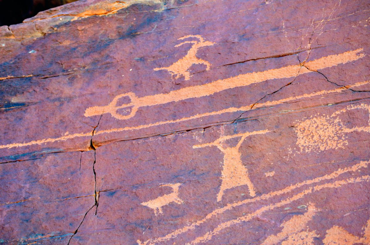 Petroglyphs at Valley of Fire State Park in Nevada depict early atlatl use.
