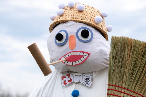 However long this snowman effigy, known as the Bӧӧgg, takes to burn will determine the remaining length of winter. 