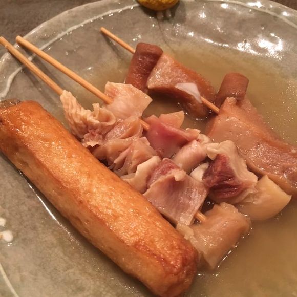 Saezuri (last skewer on the right), photographed by Food historian Ken Albala at an oden in Japan.