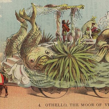 Float for Shakespeare themed Comus parade, New Orleans Mardi Gras 1898, from period color newspaper poster insert. "Othello" float.