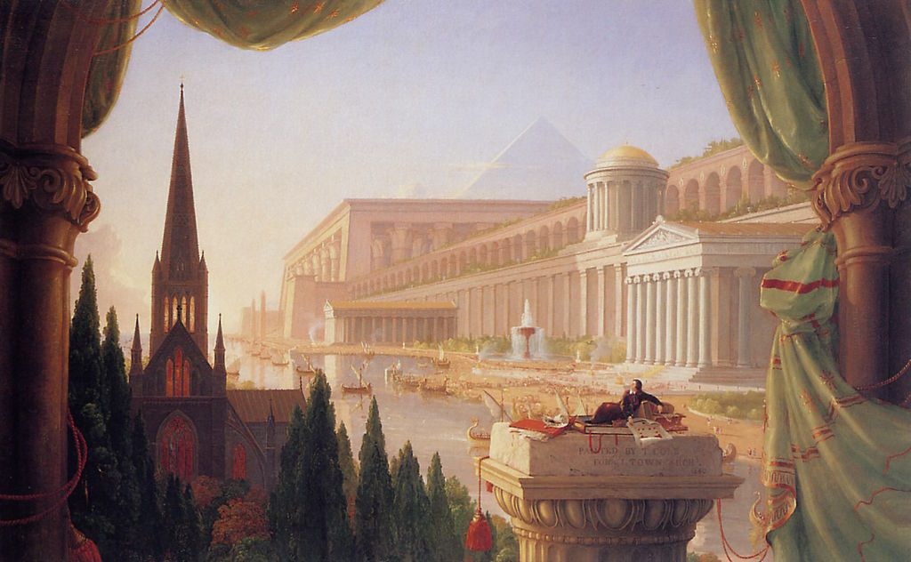 The Architect's Dream by Thomas Cole (1840) shows a vision of buildings in the historical styles of the Western tradition, from Ancient Egypt through to Classical Revival