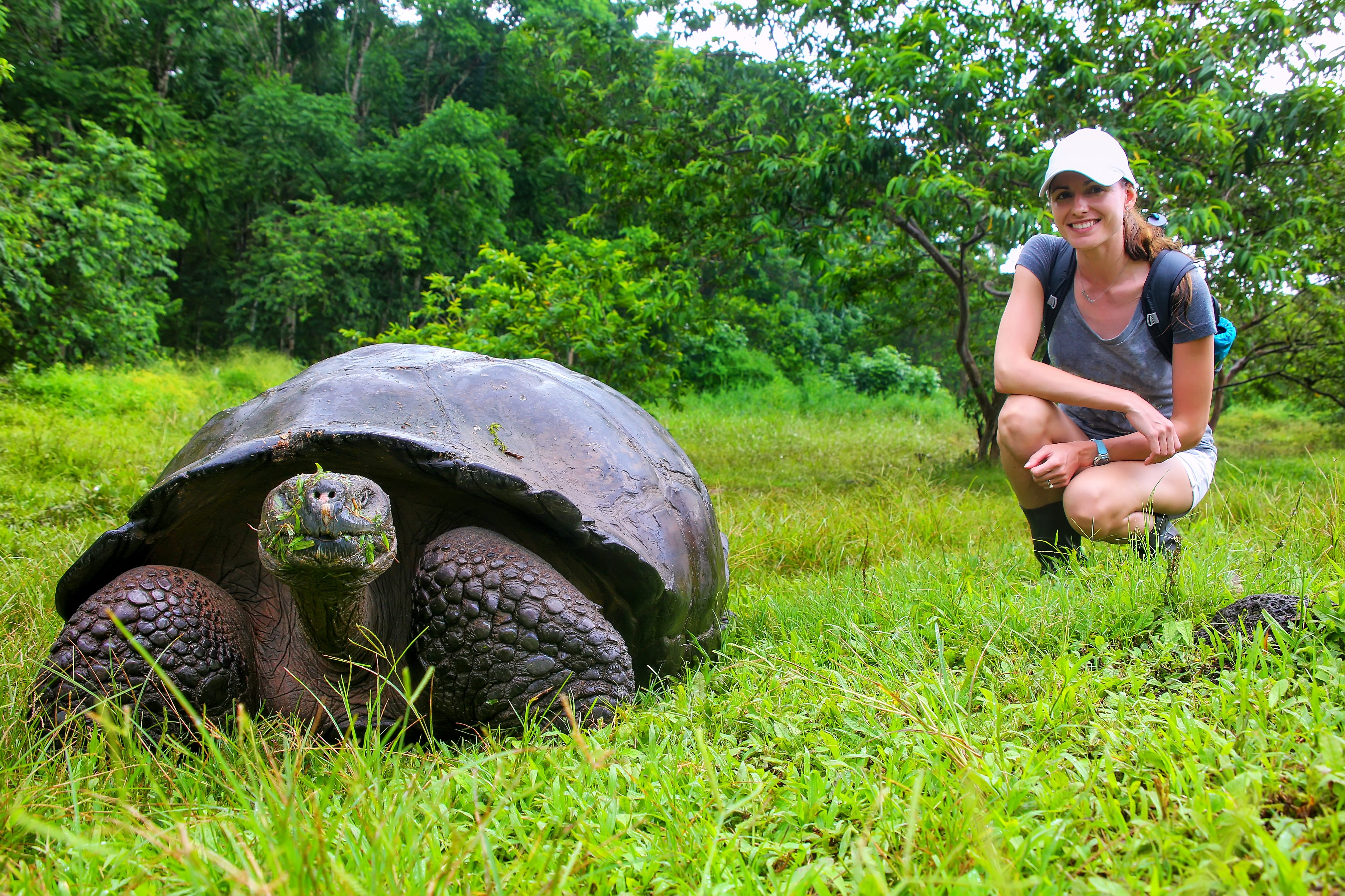 A visitor gets close with a tortoise. 