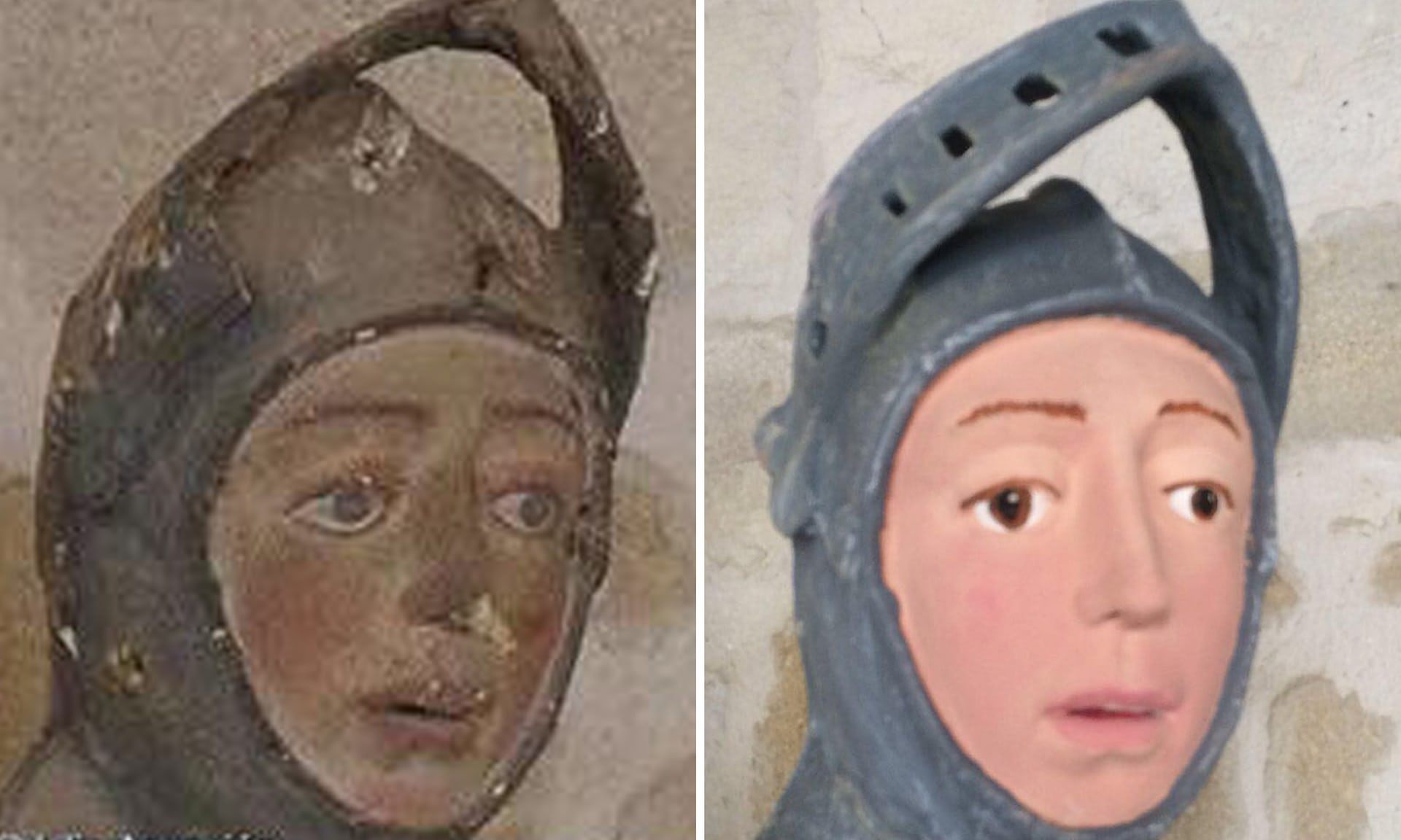 The statue of San Jorge, before and after its restoration.