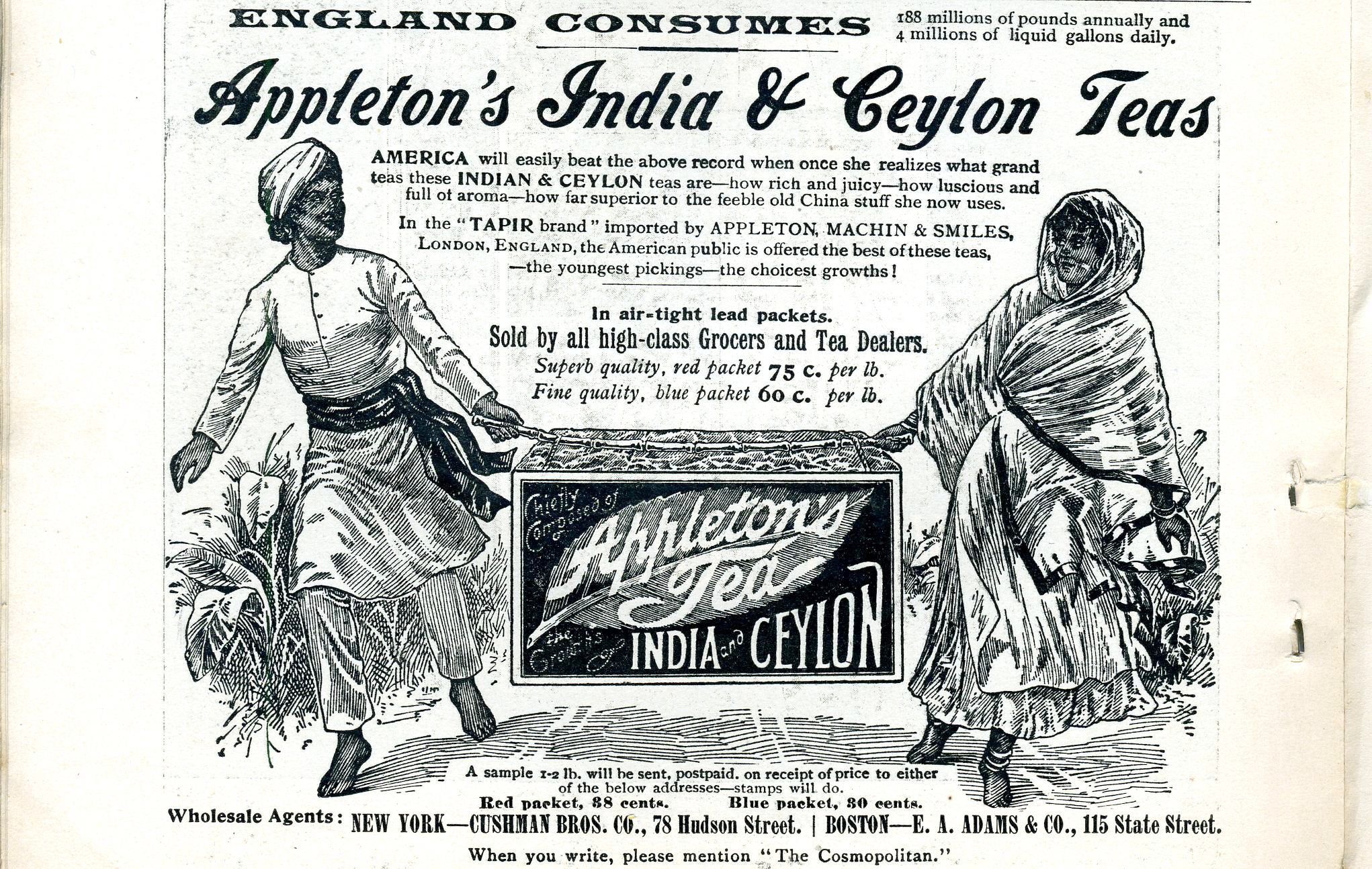 Ads like this one from 1896 touted black tea from the British colonies as superior to "feeble" Chinese and Japanese green.
