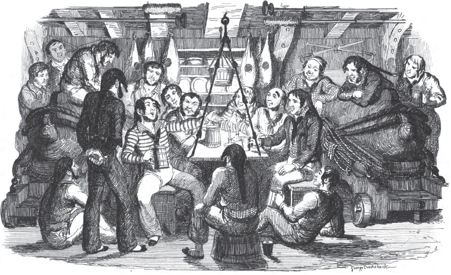 From <em>Songs, Naval and National</em> by Thomas Dibdin, 1841. Entitled "Saturday Night At Sea," the illustration shows a group of sailors amusing themselves singing off duty.