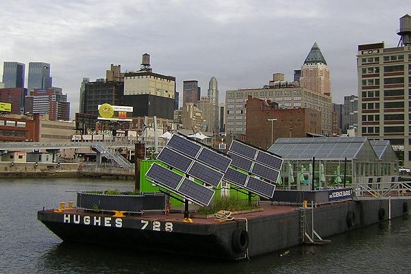 The Science Barge docks in Manhattan