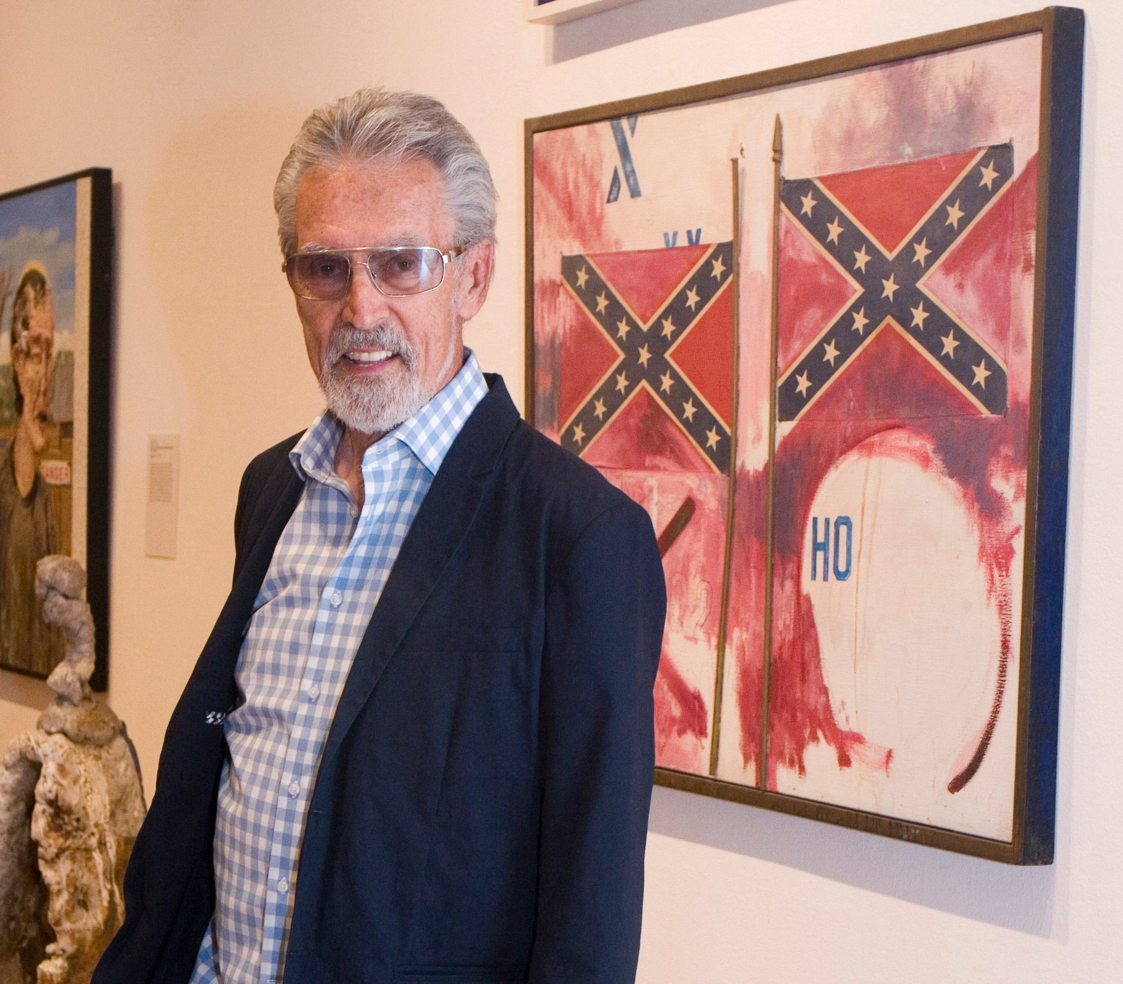 G. Ray Kerciu in front of his work Laguna Art Museum in 2015. The work <em>Ho (Flags)</em> was painted in 1962.