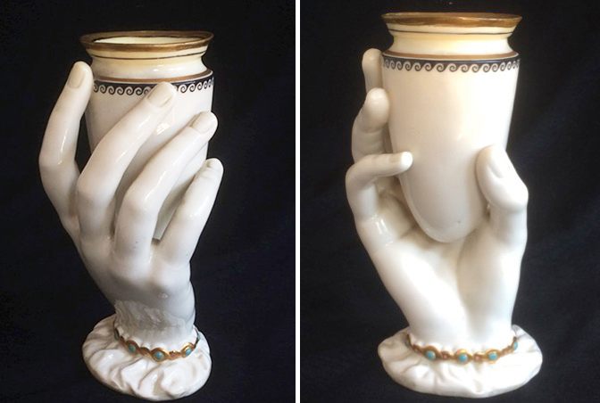 Two views of a Royal Worcester "Mrs. Hadley's Hand", c. 1864.