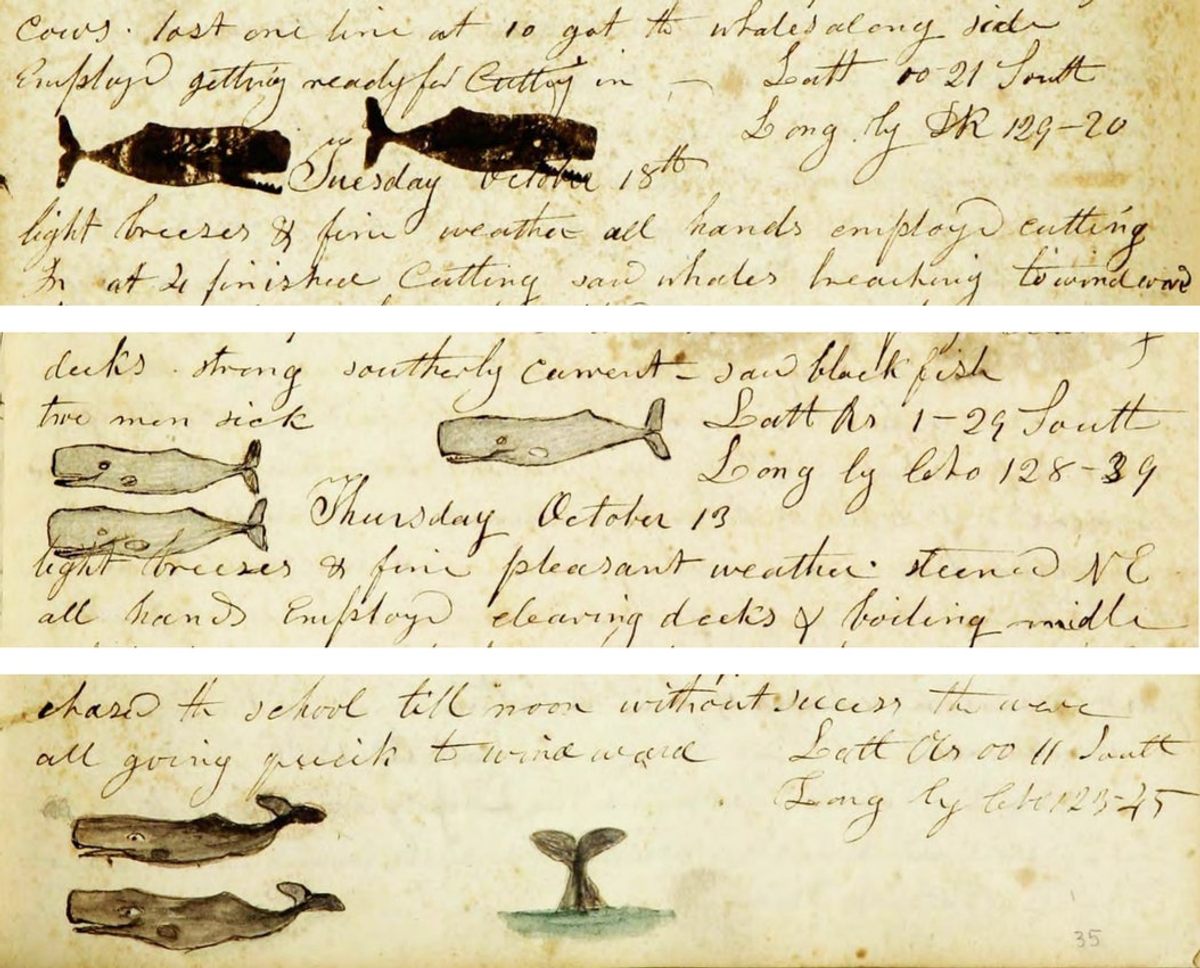 Merry whales in the log of the ship <em>Susan</em>, kept by Reuben Russell.