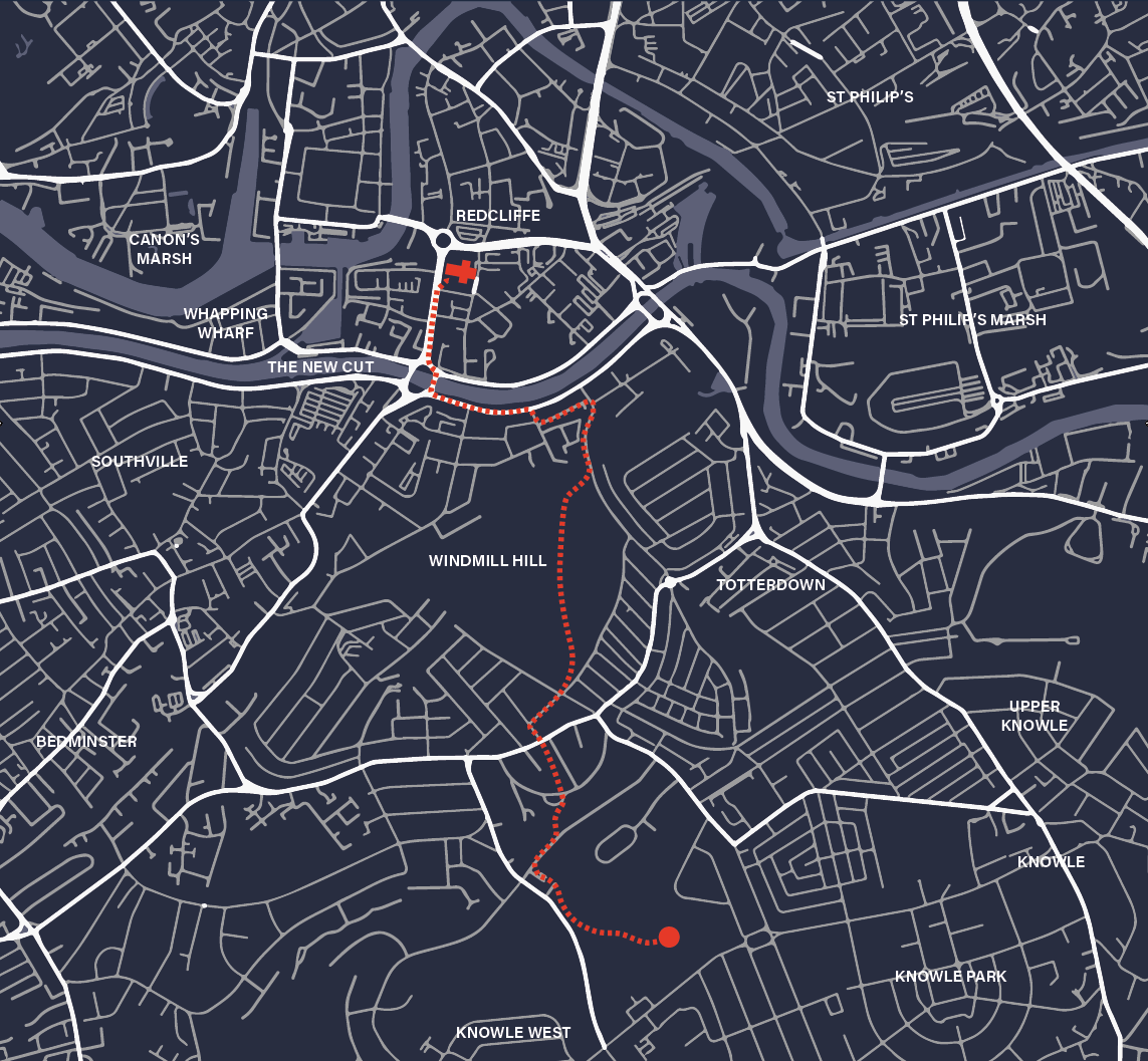 The annual pipe walk (shown in red) moves north from the ancient well, through neighborhoods and Victoria Park, before veering west to follow a 19th-century diversion.