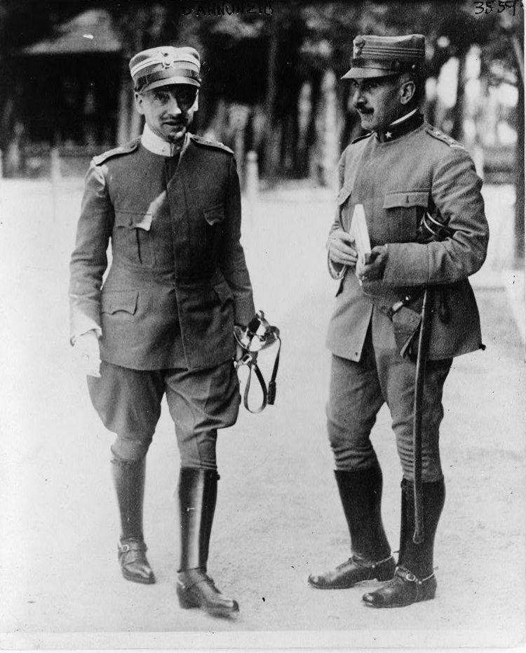 Gabriele D'Annunzio, full-length portrait, standing, facing slightly right, with another officer 1915